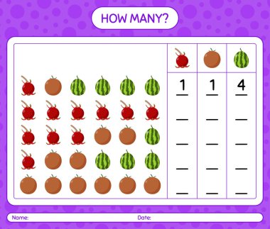 Meyveli kaç tane sayma oyunu. Anaokulu çocukları için çalışma listesi, aktivite listesi, yazdırılabilir çalışma tablosu