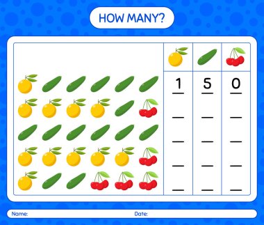 Meyveli kaç tane sayma oyunu. Anaokulu çocukları için çalışma listesi, aktivite listesi, yazdırılabilir çalışma tablosu