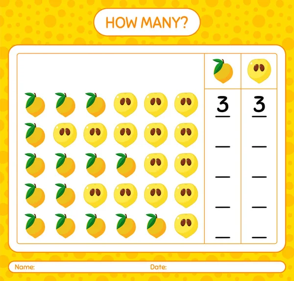Anaokulu öğrencileri için yumurta meyvesi çalışma kağıdıyla kaç tane sayma oyunu, etkinlik sayfası, basılabilir çalışma tablosu