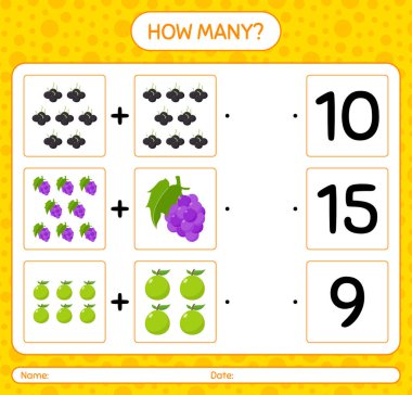 Meyveli kaç tane sayma oyunu. Anaokulu çocukları için çalışma listesi, aktivite listesi, yazdırılabilir çalışma tablosu
