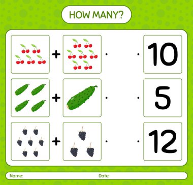 Meyveli kaç tane sayma oyunu. Anaokulu çocukları için çalışma listesi, aktivite listesi, yazdırılabilir çalışma tablosu