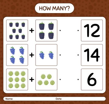 Meyveli kaç tane sayma oyunu. Anaokulu çocukları için çalışma listesi, aktivite listesi, yazdırılabilir çalışma tablosu