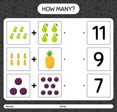 Meyveli kaç tane sayma oyunu. Anaokulu çocukları için çalışma listesi, aktivite listesi, yazdırılabilir çalışma tablosu