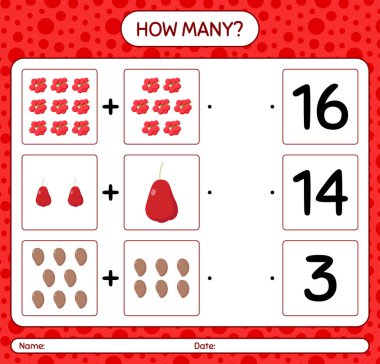 Meyveli kaç tane sayma oyunu. Anaokulu çocukları için çalışma listesi, aktivite listesi, yazdırılabilir çalışma tablosu