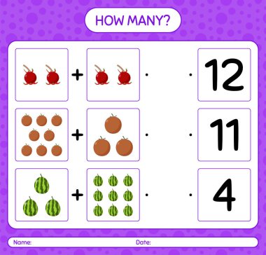 Meyveli kaç tane sayma oyunu. Anaokulu çocukları için çalışma listesi, aktivite listesi, yazdırılabilir çalışma tablosu