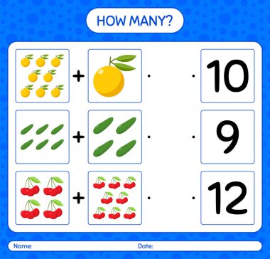 Meyveli kaç tane sayma oyunu. Anaokulu çocukları için çalışma listesi, aktivite listesi, yazdırılabilir çalışma tablosu
