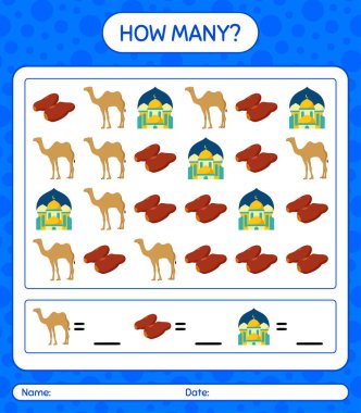 Ramazan simgesiyle kaç tane sayma oyunu var? Anaokulu çocukları için çalışma listesi, aktivite listesi, yazdırılabilir çalışma tablosu