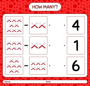 Kaç tane kaşık ve çatalla sayma oyunu. Anaokulu çocukları için çalışma listesi, aktivite listesi, yazdırılabilir çalışma tablosu