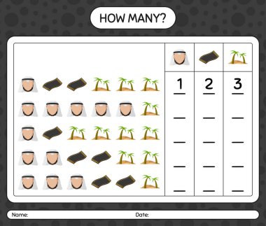 Ramazan simgesiyle kaç tane sayma oyunu var? Anaokulu çocukları için çalışma listesi, aktivite listesi, yazdırılabilir çalışma tablosu