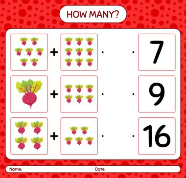 Kaç tane pancar köküyle sayma oyunu. Anaokulu çocukları için çalışma listesi, aktivite listesi, yazdırılabilir çalışma tablosu