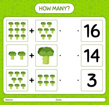 Brokoli ile kaç tane sayma oyunu. Anaokulu çocukları için çalışma listesi, aktivite listesi, yazdırılabilir çalışma tablosu