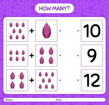 Kaç tane arpacık soğanlı sayma oyunu. Anaokulu çocukları için çalışma listesi, aktivite listesi, yazdırılabilir çalışma tablosu