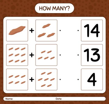 Tatlı patatesle kaç tane sayma oyunu. Anaokulu çocukları için çalışma listesi, aktivite listesi, yazdırılabilir çalışma tablosu