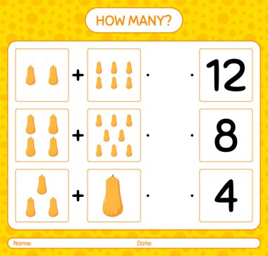 Squash 'la kaç tane sayma oyunu var? Anaokulu çocukları için çalışma listesi, aktivite listesi, yazdırılabilir çalışma tablosu