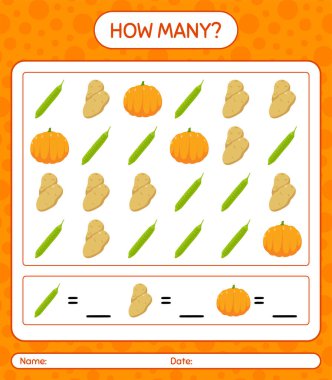 Sebzelerle kaç tane sayma oyunu var? Anaokulu çocukları için çalışma listesi, aktivite listesi, yazdırılabilir çalışma tablosu