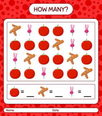 Sebzelerle kaç tane sayma oyunu var? Anaokulu çocukları için çalışma listesi, aktivite listesi, yazdırılabilir çalışma tablosu