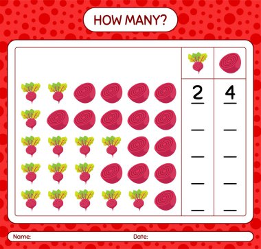 Kaç tane pancar köküyle sayma oyunu. Anaokulu çocukları için çalışma listesi, aktivite listesi, yazdırılabilir çalışma tablosu