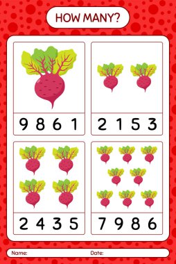 Kaç tane pancar köküyle sayma oyunu. Anaokulu çocukları için çalışma listesi, aktivite listesi, yazdırılabilir çalışma tablosu