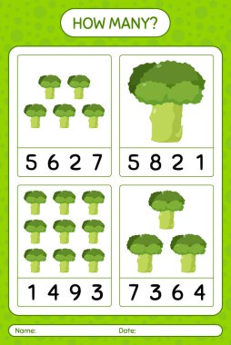Brokoli ile kaç tane sayma oyunu. Anaokulu çocukları için çalışma listesi, aktivite listesi, yazdırılabilir çalışma tablosu