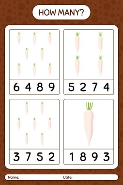 Daikon 'la kaç tane sayma oyunu var? Anaokulu çocukları için çalışma listesi, aktivite listesi, yazdırılabilir çalışma tablosu