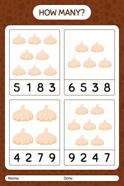 Sarımsaklı kaç tane sayma oyunu var? Anaokulu çocukları için çalışma listesi, aktivite listesi, yazdırılabilir çalışma tablosu