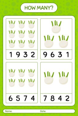 Kaç sayma oyunu, rezene. Anaokulu çocukları için çalışma listesi, aktivite listesi, yazdırılabilir çalışma tablosu