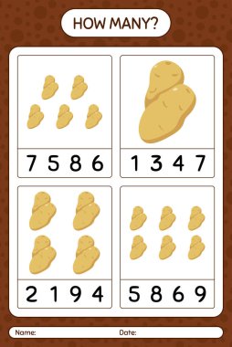 Patatesle kaç tane sayma oyunu. Anaokulu çocukları için çalışma listesi, aktivite listesi, yazdırılabilir çalışma tablosu