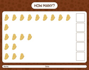 Patatesle kaç tane sayma oyunu. Anaokulu çocukları için çalışma listesi, aktivite listesi, yazdırılabilir çalışma tablosu