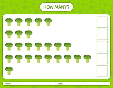 Brokoli ile kaç tane sayma oyunu. Anaokulu çocukları için çalışma listesi, aktivite listesi, yazdırılabilir çalışma tablosu