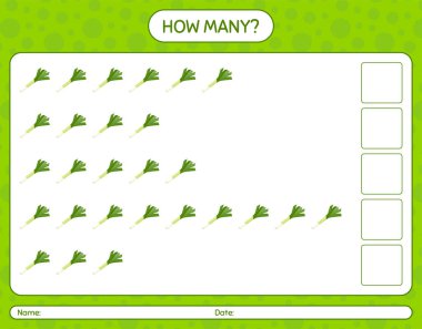 Pırasalı kaç tane sayma oyunu var? Anaokulu çocukları için çalışma listesi, aktivite listesi, yazdırılabilir çalışma tablosu
