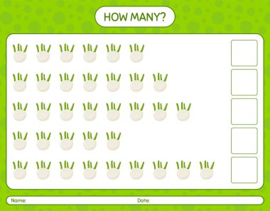 Kaç sayma oyunu, rezene. Anaokulu çocukları için çalışma listesi, aktivite listesi, yazdırılabilir çalışma tablosu