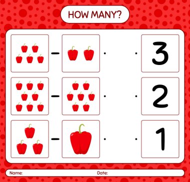 Dolmalık biberle kaç tane sayma oyunu. Anaokulu çocukları için çalışma listesi, aktivite listesi, yazdırılabilir çalışma tablosu