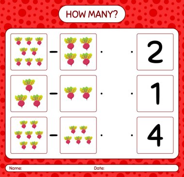 Kaç tane pancar köküyle sayma oyunu. Anaokulu çocukları için çalışma listesi, aktivite listesi, yazdırılabilir çalışma tablosu