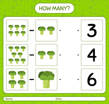 Brokoli ile kaç tane sayma oyunu. Anaokulu çocukları için çalışma listesi, aktivite listesi, yazdırılabilir çalışma tablosu