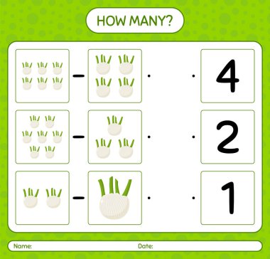 Kaç sayma oyunu, rezene. Anaokulu çocukları için çalışma listesi, aktivite listesi, yazdırılabilir çalışma tablosu