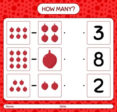 Kaç tane soğanlı sayma oyunu. Anaokulu çocukları için çalışma listesi, aktivite listesi, yazdırılabilir çalışma tablosu