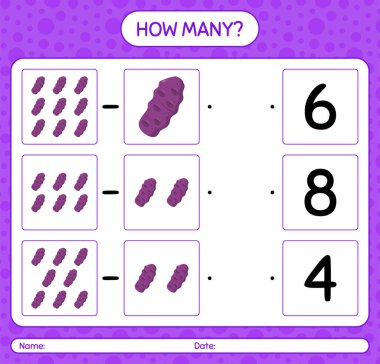 Mor taewa ile kaç tane sayma oyunu. Anaokulu çocukları için çalışma listesi, aktivite listesi, yazdırılabilir çalışma tablosu