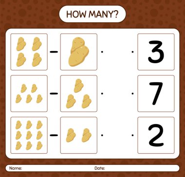 Patatesle kaç tane sayma oyunu. Anaokulu çocukları için çalışma listesi, aktivite listesi, yazdırılabilir çalışma tablosu