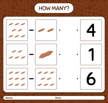 Tatlı patatesle kaç tane sayma oyunu. Anaokulu çocukları için çalışma listesi, aktivite listesi, yazdırılabilir çalışma tablosu