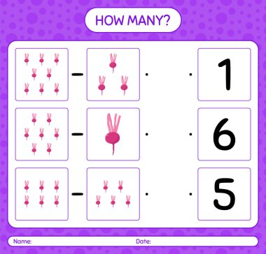 Şalgam ile kaç tane sayma oyunu. Anaokulu çocukları için çalışma listesi, aktivite listesi, yazdırılabilir çalışma tablosu