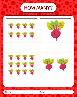 Kaç tane pancar köküyle sayma oyunu. Anaokulu çocukları için çalışma listesi, aktivite listesi, yazdırılabilir çalışma tablosu