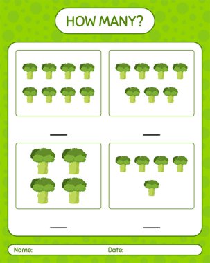 Brokoli ile kaç tane sayma oyunu. Anaokulu çocukları için çalışma listesi, aktivite listesi, yazdırılabilir çalışma tablosu