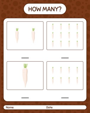 Daikon 'la kaç tane sayma oyunu var? Anaokulu çocukları için çalışma listesi, aktivite listesi, yazdırılabilir çalışma tablosu