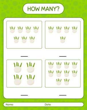 Kaç sayma oyunu, rezene. Anaokulu çocukları için çalışma listesi, aktivite listesi, yazdırılabilir çalışma tablosu