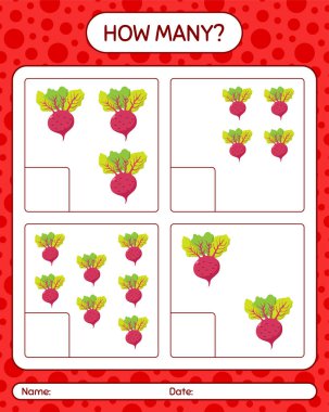 Kaç tane pancar köküyle sayma oyunu. Anaokulu çocukları için çalışma listesi, aktivite listesi, yazdırılabilir çalışma tablosu