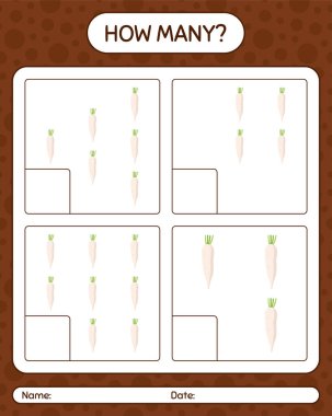 Daikon 'la kaç tane sayma oyunu var? Anaokulu çocukları için çalışma listesi, aktivite listesi, yazdırılabilir çalışma tablosu