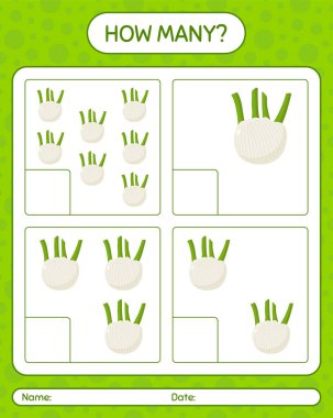 Kaç sayma oyunu, rezene. Anaokulu çocukları için çalışma listesi, aktivite listesi, yazdırılabilir çalışma tablosu