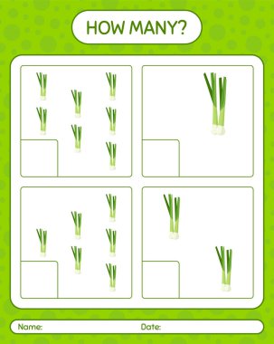 Kaç tane taze soğanlı sayma oyunu. Anaokulu çocukları için çalışma listesi, aktivite listesi, yazdırılabilir çalışma tablosu