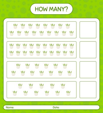 Kaç sayma oyunu, rezene. Anaokulu çocukları için çalışma listesi, aktivite listesi, yazdırılabilir çalışma tablosu