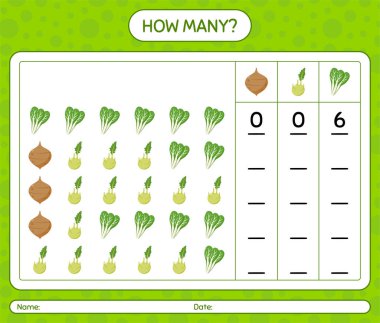 Sebzelerle kaç tane sayma oyunu var? Anaokulu çocukları için çalışma listesi, aktivite listesi, yazdırılabilir çalışma tablosu